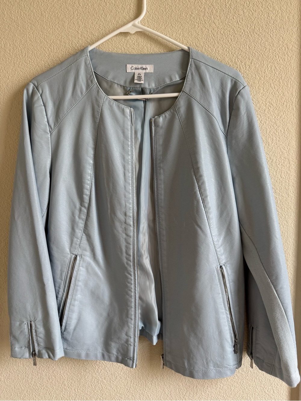 Calvin Klein Pale Blue Women's Zip-Front Leather Jacket Size L